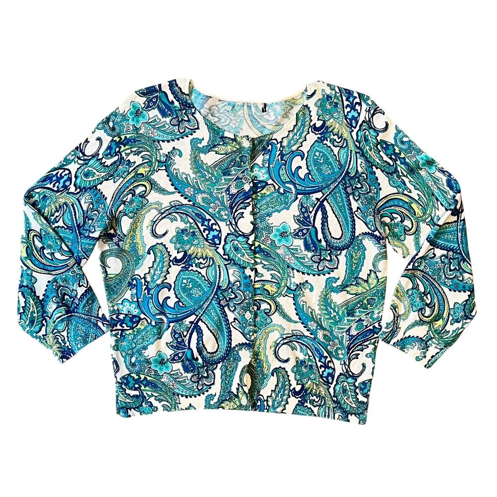 Chaps Blue and Green Paisley Print Knit Cardigan Blouse 3/4 Sleeves Sz Medium